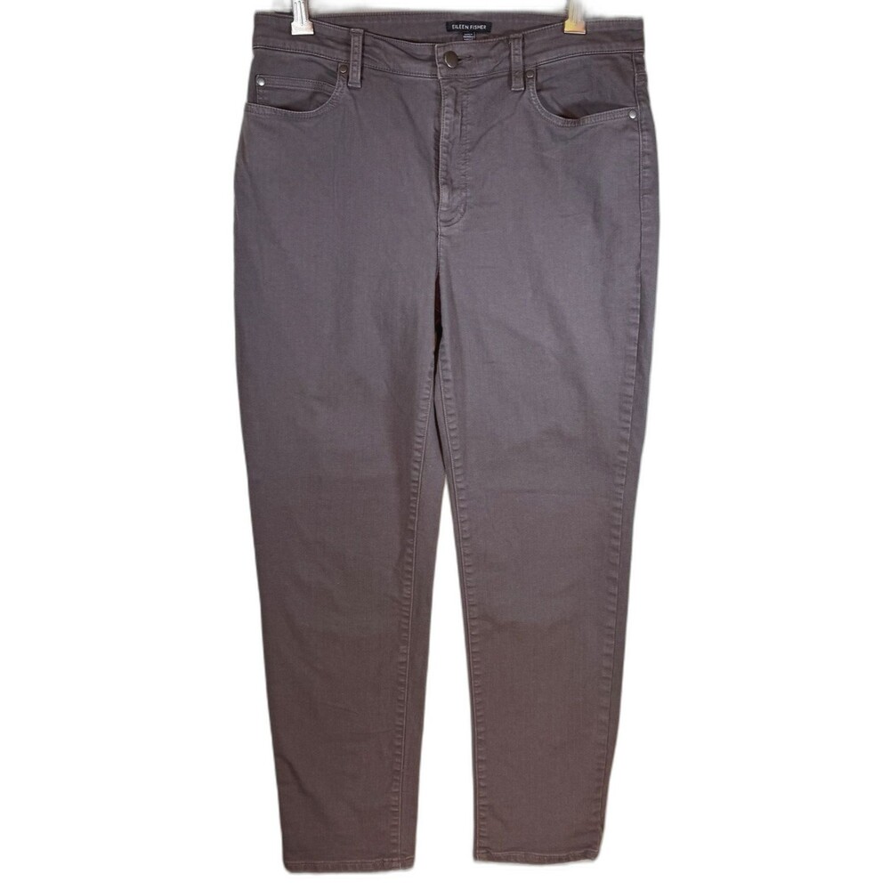 Eileen Fisher Jeans Women 12 Gray Brown Stretch Mid Rise Slim Leg Cotton Stretch